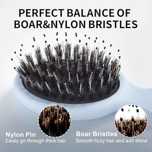 Mini Boar Bristles Hair Bursh, Travel Size Hair Brush for Women Men Kids, Protable Small Hair Brushes for Pockets Purses, Mini Hair Brush for Smooth Add Shine (1 Pack-Blue)