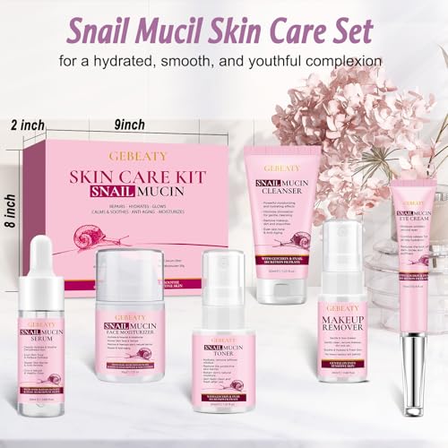 Skin Care Set,6 Pcs Korean Snail Mucin Essence Anti-aging Moisturize Repair Soothe Hydrate,Glass Skincare Gift Kit for Dull & Dry Skin,Self Care Skincare Gifts for Women Mother Mom Wife Teenage Girls