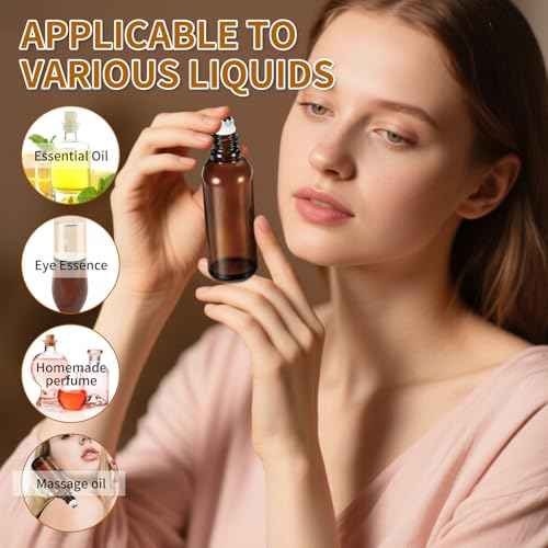 10ML Roller Bottles for Essential Oil, 4 Pack Empty Amber Glass Roller Bottle for Perfume Oil, Roll on Bottles with Stainless Steel Roller Balls, Opener, Funnel and Dropper for Aromatherapy, Massage