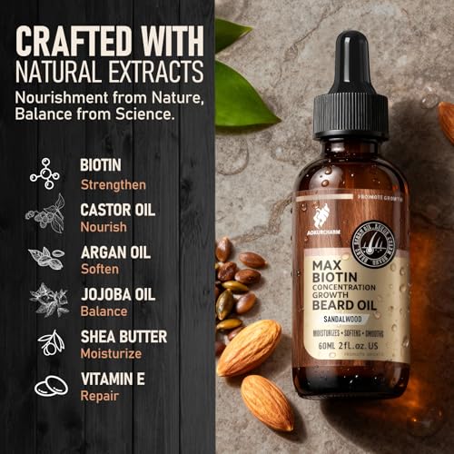 Biotin Beard Growth Oil for Men - Vitamin B5 & Castor Oil Formula, Nourish & Thicken Facial Hair, Daily Beard Care, Styling & Taming, Hydrating, Non-Greasy, Sandalwood 2oz Gift for Him