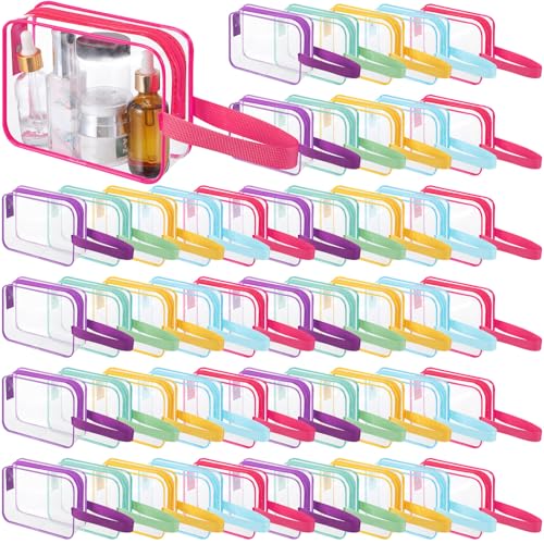Silkfly Clear Toiletry Bag PVC Travel Cosmetic Bag with Handle Strap Makeup Pouch with Zipper Summer Vacation Salon Graduation Gift End of the Year Gifts(Bright Color,50 Pack)