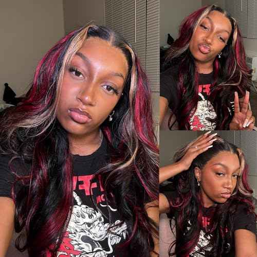 Black Red Blonde Highlight Wig Human Hair Body Wave Lace Front Wigs Human Hair Pre Plucked for Women 180% Density 13X4 HD Lace Frontal Blonde Red Highlights Glueless Colored Human Hair Wig 24 Inch