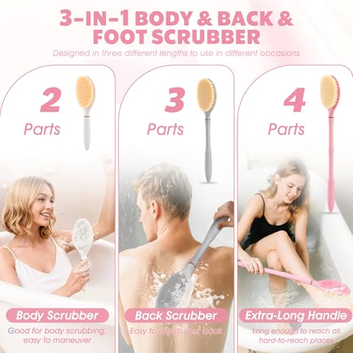 New Foot Brush & Back Scrubber Set 2PCS, 10.2''- 27.5'' Adjustable Foot Scrubber for Shower, 18.9'' Shower Back Scrubber with 3-Length Usage, Great Aid for People with Limited Mobility(Pink)