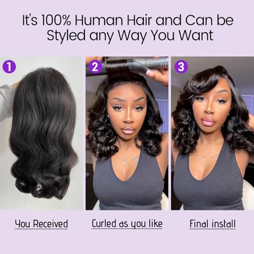 UVVUVV Glueless Body Wave Bob Wig 14" Human Hair 180 Density