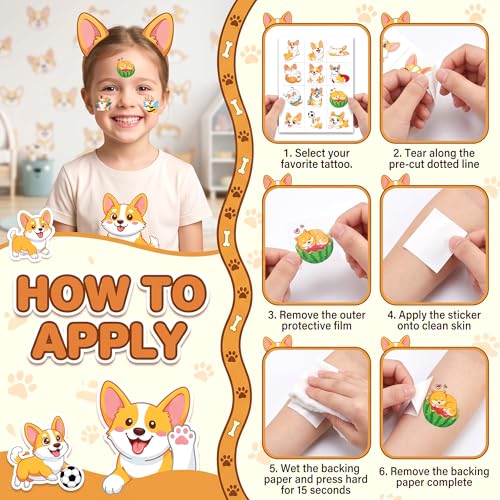 96 PCS Corgi Temporary Tattoos for Kids - Pre-Cut