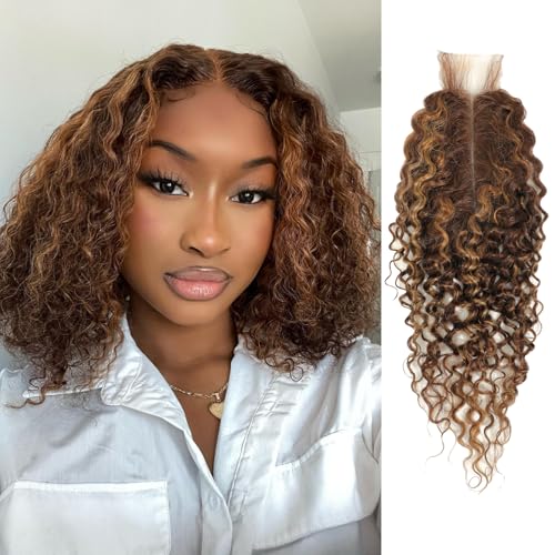 ALHER Long Deep Part 2x6 Closure Water Wave Honey Blonde Highlight, Ombre Brown and Blond Wet and Wavy 2x6 Kim K Lace Closure Pre Plucked With Baby Hair, #P4/27 Color Real Human Hair Closure 12 Inch