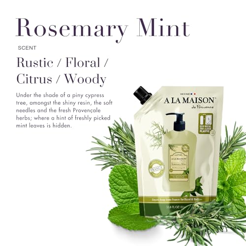 A LA MAISON Rosemary Mint Natural Hand Wash Made with Essential Oils - Biodegradable, Plant-Based, Vegan, Cruelty-Free (33.8 Fl Oz Refill, 2 Pack)