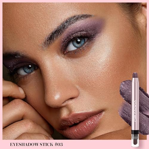 Glitter Eyeshadow Stick, 3 Colors Shimmer Cream Eyeshadow Pencil Set,Pro White Highlighter Makeup Stick,Waterproof Pink Eye Brightener Crayon,Smoky Amethyst Eye Makeup for Women Girl Party Queen