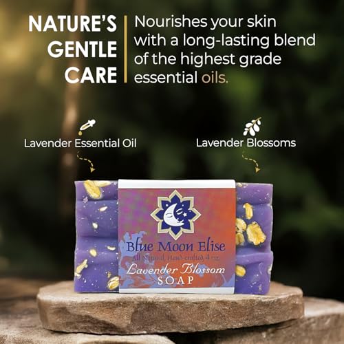 Blue Moon Elise All Natural Lavender Soap Bars, Scented with Premium Essential Oils, Handmade in the USA, Moisturizing and Therapeutic for Face/Body, For Sensitive Skin, For Men and Women (5 Pack)
