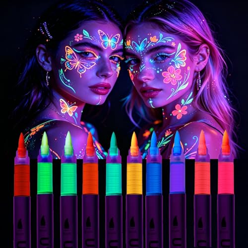 Glow Body Paint Markers UV Reactive, 10 Piece Set