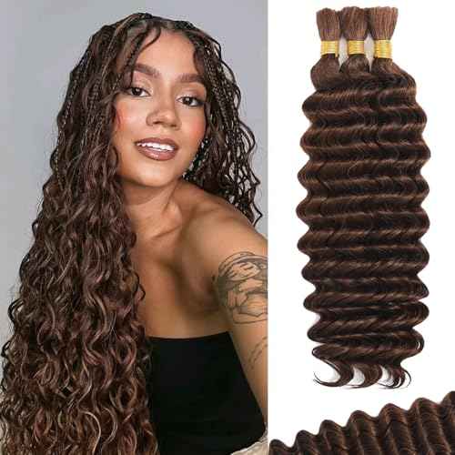 Human Braiding Hair For Boho Braids Deep Water Wave Human Bulk Hair for Braiding 12A Brazilian Virgin Human Hair Extensions for Boho Braids 3 Bundles/Pack 110g Chocolate Brown 22inch