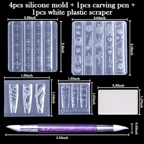 Laza Gothic 3D Skull Rose Nail Art Molds Set with Carving Tools
