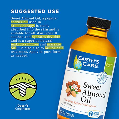 Earth¡¯s Care Sweet Almond Oil - Expeller Pressed Almond Oil for Skin and Hair, Glass Bottle, Unscented, 8 FL. OZ.