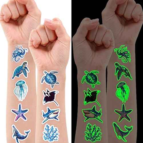96 PCS Ocean Pre?Cut Luminous Temporary Tattoos Themed Birthday Party Decorations Favors Supplies D?cor Glow In The Dark Shark Sea Turtle Tattoo Stickers Gifts For Game Boys Girls (Glow in the Dark)