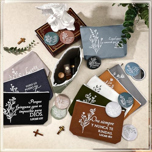 Kacctyen Spanish Christian Easter Gifts for Women Bulk Bible Verse Makeup Bags Religious Gift Regalos Cristianos Para Mujer Canvas Pouch Compact Mirrors Mother's Day Church Gift(Boho Color,20 Sets)