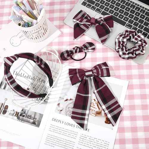 DEEKA 5 Styles Uniform Plaid Long Tail Hair Bows Knotted Headband Scrunchies Bow Set Alligator Clips Back to School Accessories for Toddler Little School Girls (Burgundy 5 Styles)