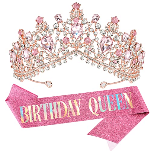 Pink Birthday Crown with Cherry Blossoms & Rhinestones for Women & Teen Girls - Regal Tiara Accessory