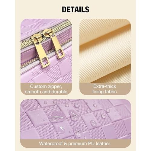 Travel Makeup Bag for Women, Large Capacity PU Leather Waterproof Checkered Cosmetic Bags, Portable Pouch Open Flat Toiletry Bag, Make up Organizer with Divider and Handle, Purple