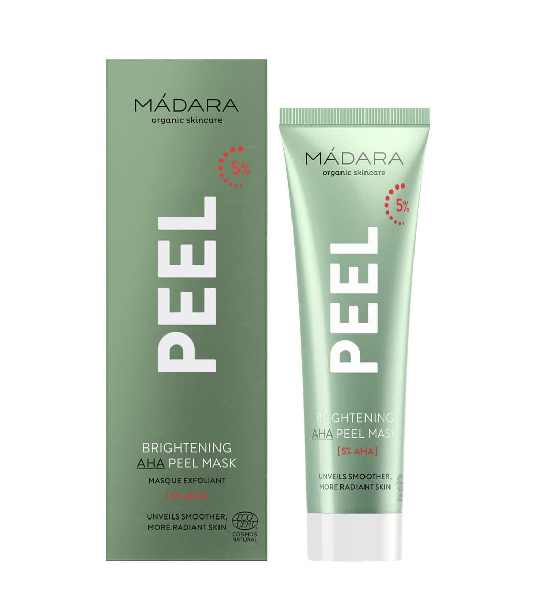 MÁDARA Organic Skincare | Brightening AHA Peel Mask - 60ml, Exfoliating face mask with AHA fruit acids, Contains vitamin C and lactic acid, Face exfoliator for brightness and glow, Ecocert certified.