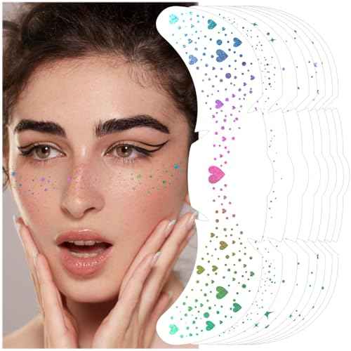 Holographic Glitter Freckles Face Tattoo 8 Pcs Waterproof Temporary Face Sparkle Patches for Women, Face Glitter Makeup Freckles Mix of Mermaid Scales Hearts Speckles Stars Dots, Cool Party Supplies