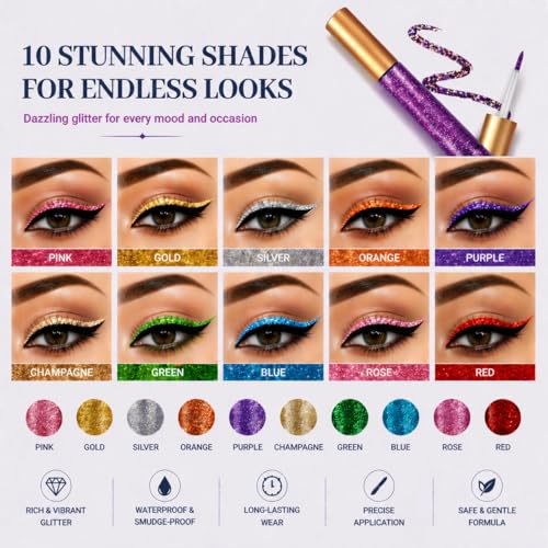10-Color Liquid Glitter Eyeliner Set Waterproof Shimmer