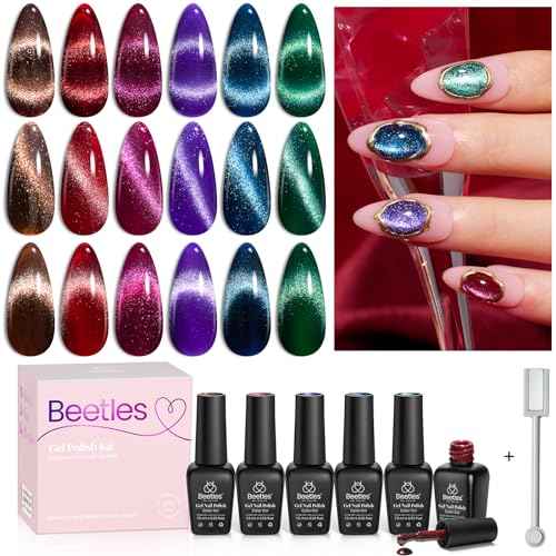 Beetles Cat Eye Gel Nail Polish Set, 6 Colors Christmas Gel Polish Kit Glitter Red Pink Shiny Brown Burgundy Purple Blue Green Magnetic Effect Sparkle Stunning Soak Off UV Manicure Gifts for Women