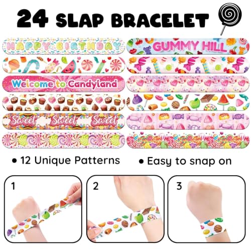 96-Piece Candyland Party Favors Set - Slap Bracelets & Tattoos