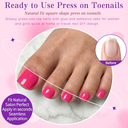 Rose Pink Press On Toenails for Women - 120pc Fake Toe Nail Kit with Glue & Tabs (Rose Pink)