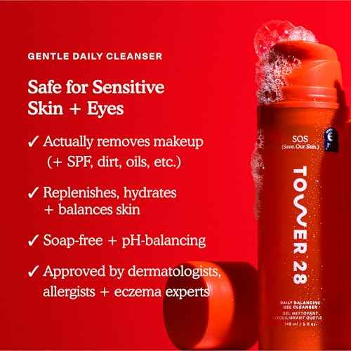 Tower 28 SOS Gel Cleanser + Makeup Remover for Sensitive Skin, Gentle Hydrating pH-Balanced Face Wash Removes Makeup and SPF Without Drying - 150ML