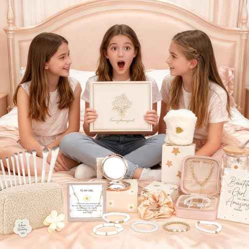 Set of 9 Individually Wrapped Teen Girl Gifts Trendy Stuff, Cute & Practical, Christmas/Birthday Gift for Granddaughter Daughter Niece Ages 8-16, with Empowering Tasks(Cream)