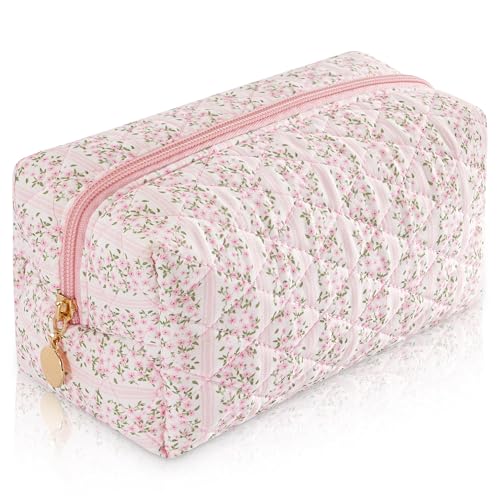 Quilted Cotton Makeup Bag Travel Cosmetic Pouch Pink