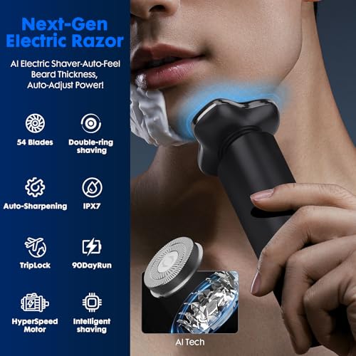 Black Electric Razor for Men with 3-Blade Rotary System, Touch Switch, LED Display, Travel Lock