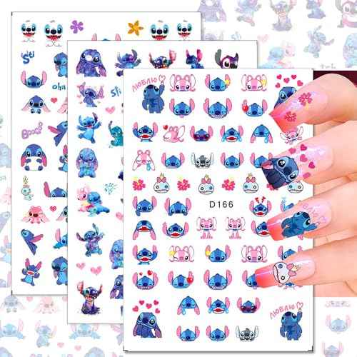 12 Sheets Blue Monster Nail Stickers Decals 3D Cartoon Pink Blue Animal Self Adhesive Nail Design Stickers Supply Cute Blue Animal Flowers Heart Nail Decals for Women Girls and Kids DIY Manicure