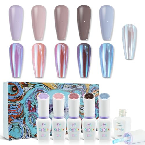 CHARMACY Nail Gel Polish Set 12PCS, Chrome Liquid Nail Powder Silver Metallic Mirror Effect, Blue Brown Color Gel Nail Polish Kit Fall Nail Gel Polish Long Lasting Home Salon Nail Art