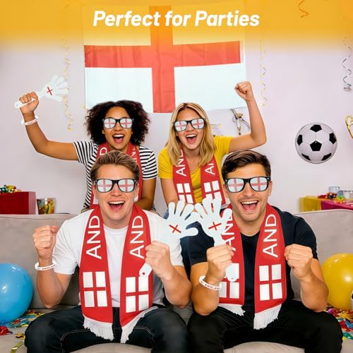 England Soccer Fan Gear Set - 6-Piece Supporter Kit with Flag, Scarf, Face Paint, Glasses, Bracelet & Clapper