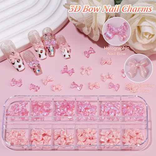 5 Boxes 3D Nail Charms Set,24Pcs Y2k Alloy Nail Art Rhinestone Charms 3D Bow Flower Crown Heart Star with Tweezers and Dual-end Brush for Manicure Salon DIY Crafts,Face Makeup Gems Jewels (Pink)