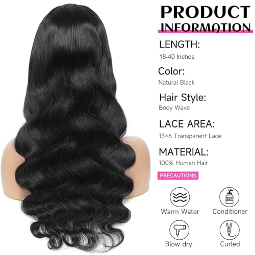 Black 30 Inch Body Wave Human Hair Wigs 13x6 Lace Front 180% Density