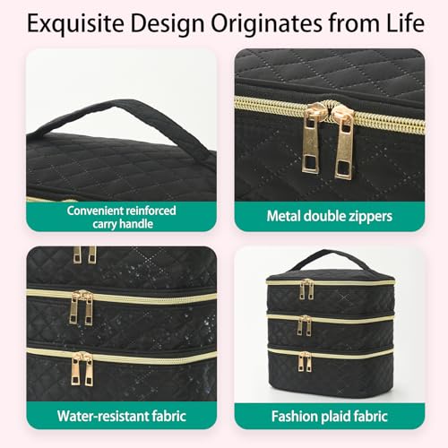 Travel Makeup Bag for Women Three Layer Large Cosmetic Case Water-resistant Toiletry Bag Organizer for Store Toiletries Cosmetic Accessories and Manicure Sets Black