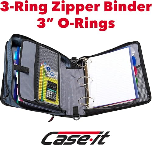 Case-it Mighty Zip Tab Zipper Binder, 3" O-Ring with 5-Color tabs, Expanding File Folder and Shoulder Strap and Handle, D-146- Jet Black