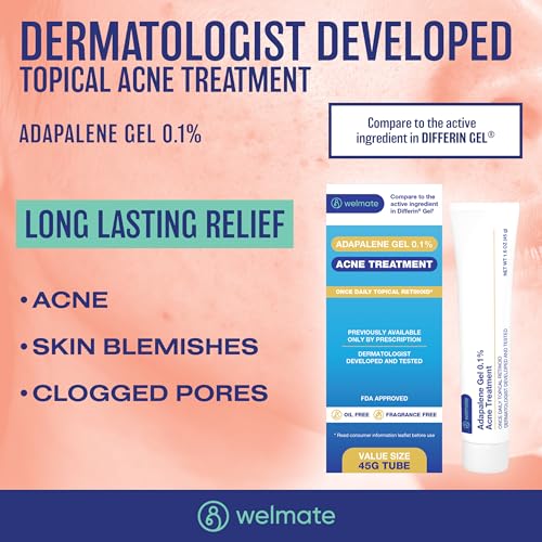 WELMATE - Adapalene Gel 0.1% (2 Pack) Acne Treatment - Once Daily Topical Retinoid - Oil Free - Fragrance Free - Previously Prescription Only - Value Size - Over-the-Counter Medication - Skin Care