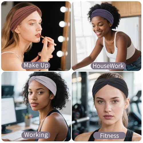 12 Pcs Stretchy Headbands for Women, Absorbed Sport Headband Soft Twist Knotted Hairbands for Daily Life Yoga Workout(Black/Dark blue/Brown/Grey)