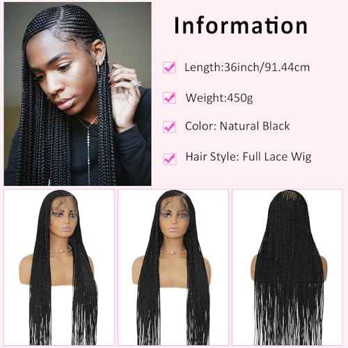 36" Braided Wigs for Black Women Full Lace Front Box Braids Wig with Baby Hair Knotless Cornrow Box Braids Wig Natural Deep Side Part Goddess Synthetic Braided Wig for Daily Use