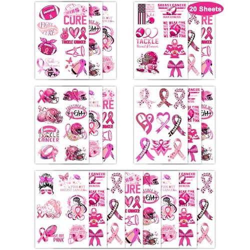 152 Pieces Tackle Breast Cancer Awareness Temporary Tattoos Stickers,20 Sheets Pink Out Football Breast Cancer Awareness Themed Tattoos Stickers Party Decoration Supplies favors for Kids Adults