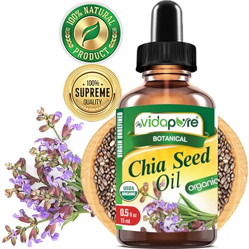 MYVIDAPURE Organic CHIA SEED OIL Certified Organic 100% Natural Pure VIRGIN UNREFINED Undiluted Cold Pressed Carrier Oil for Face Skin Body Hair Lip Nails Anti-Aging Rich in Vitamin E (0.5 Fl Oz)