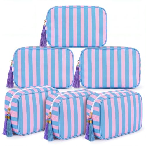 Kacctyen 6-Pack Peony Pink & Slate Blue Striped Makeup Bags with Tassels