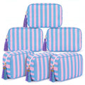 Kacctyen 6-Pack Peony Pink & Slate Blue Striped Makeup Bags with Tassels