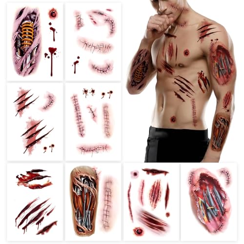 8 sheets£¬Scar Tattoo Stickers for Halloween, Realistic Wound fake tattoos makeup Disguise scars£¬Temporary tattoos for adult men and women£¬fake tattoos Scar£¬Roarhowl