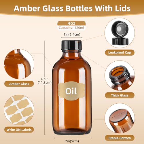 4oz (24 Pack) Amber Boston Round Glass Bottles with Black