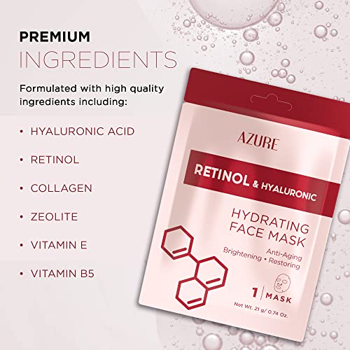 AZURE Retinol & Hyaluronic Acid Anti Aging Facial Sheet Mask - Rejuvenating & Hydrating Face Mask - Helps Reduce Fine Lines & Wrinkles, Smooths & Repairs - Skin Care Made in Korea - 5 Pack