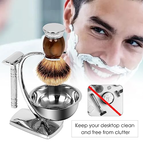 Linkidea Universal Safety Razor Brush Stand with Shaving Bowl, Men's Stainless Steel Grooming Holder and Soap Bowl for Bathroom, Compatible with Gillette Vector 3 (Silver)